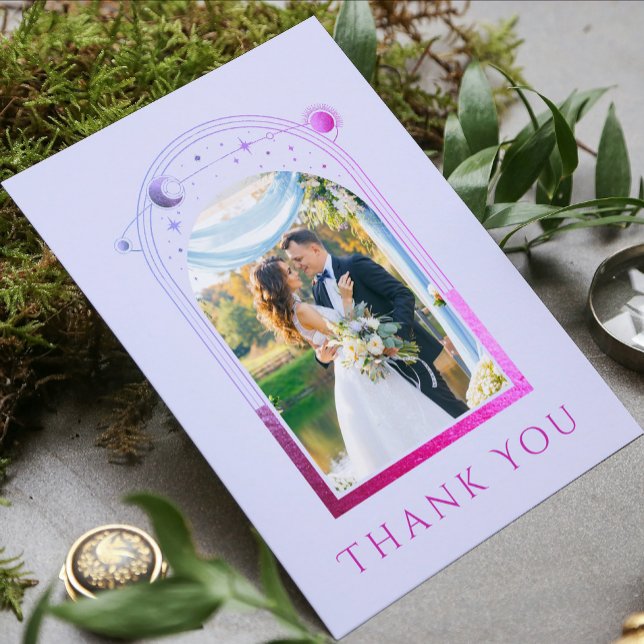 Mystical Lavender Pink Sun Moon Star Photo Wedding Thank You Card (Creator Uploaded)
