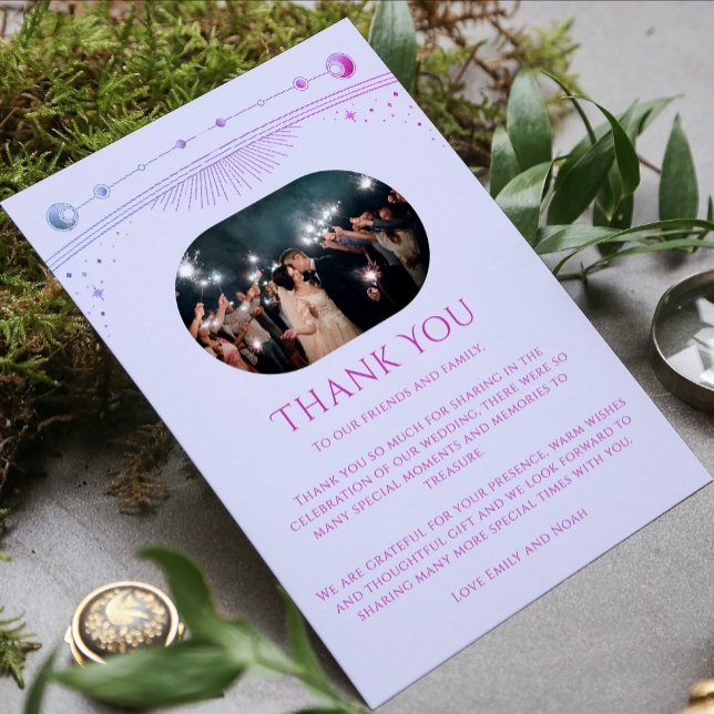Mystical Lavender Pink Sun Moon Star Photo Wedding Thank You Card (Creator Uploaded)