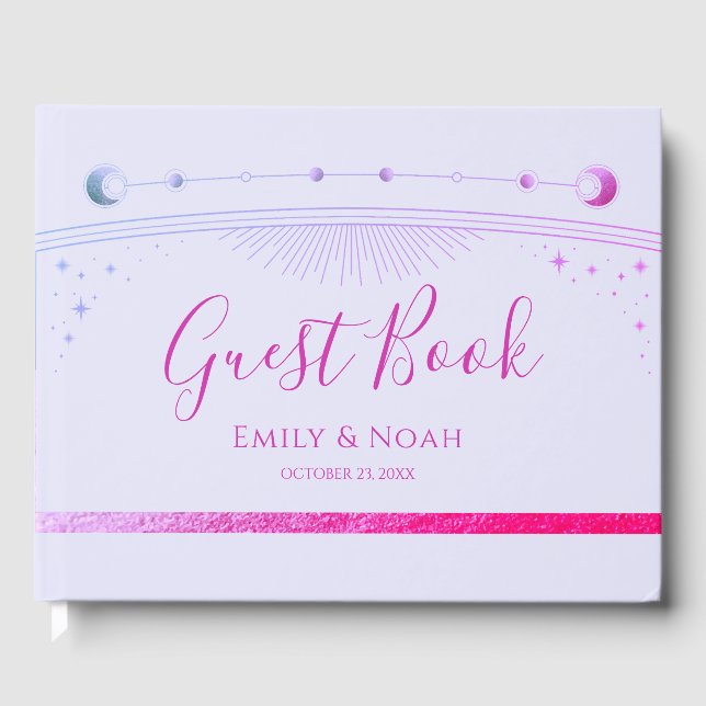 Mystical Lavender Pink Sun Moon Stars Wedding  Guest Book (Front)