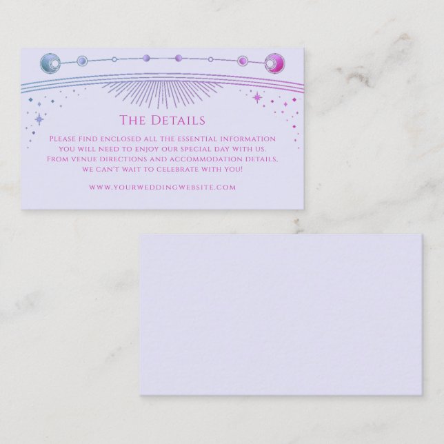 Mystical Lavender Pink Wedding Details Sun Moon Enclosure Card (Front/Back)