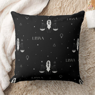 Mystical Libra Zodiac Pattern in Black and White Cushion