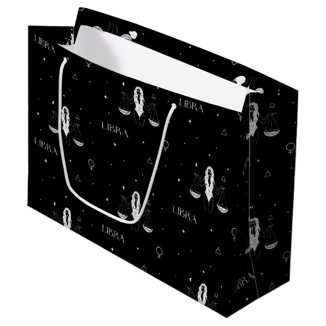 Mystical Libra Zodiac Pattern in Black and White Large Gift Bag (Front Angled)