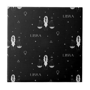 Mystical Libra Zodiac Pattern in Black and White Tile