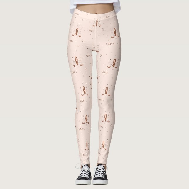 Mystical Libra Zodiac Pattern in Pink and Brown Leggings (Front)