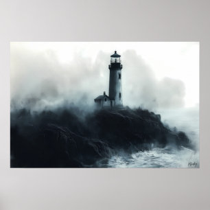 Mystical Lighthouse Amidst Ocean Waves – Charcoal Poster