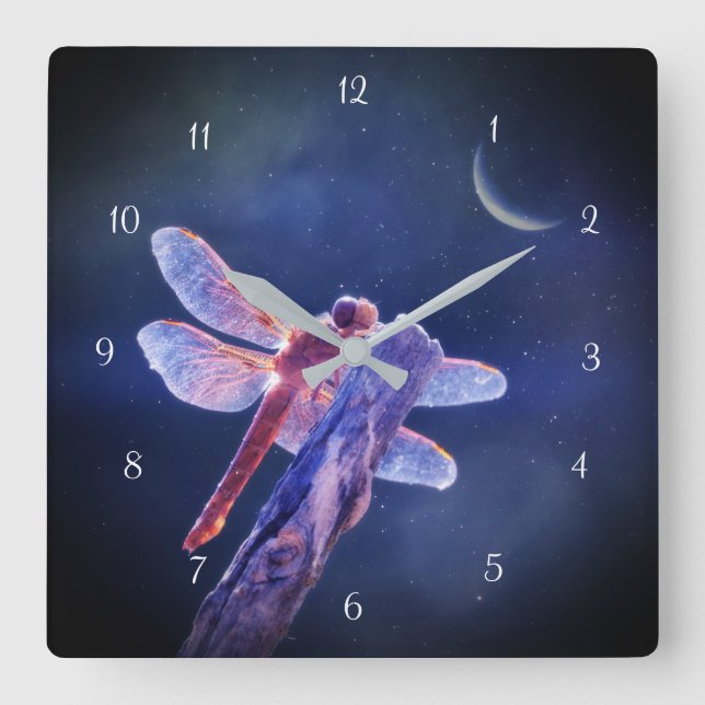 Mystical Magical Dragonfly and Crescent Moon Square Wall Clock (Front)
