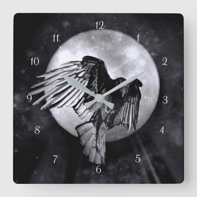 Mystical Magical Raven or Crow and Moon Square Wall Clock (Front)