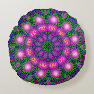 Mystical Mandala Green Purple Round Pillow