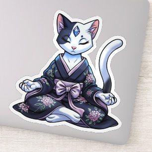 Mystical Meditating Cat in Floral Kimono