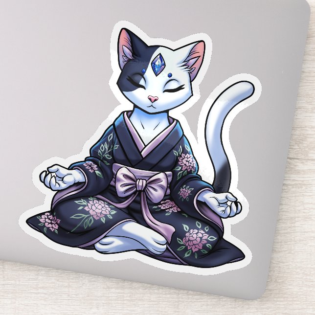 Mystical Meditating Cat in Floral Kimono (Detail)
