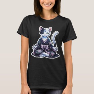 Mystical Meditating Cat in Floral Kimono Black