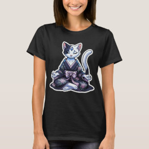 Mystical Meditating Cat in Floral Kimono Black T-Shirt