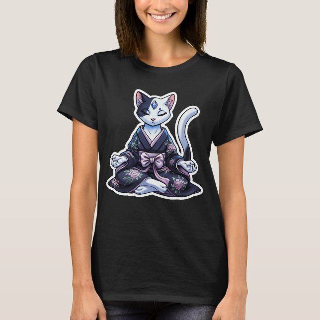 Mystical Meditating Cat in Floral Kimono Black T-Shirt (Front)