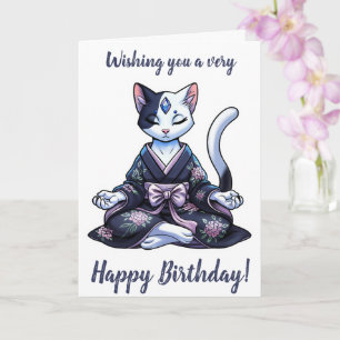 Mystical Meditating Cat in Floral Kimono Card