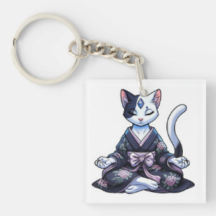 Mystical Meditating Cat in Floral Kimono Key Ring