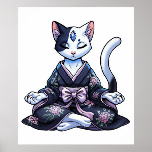 Mystical Meditating Cat in Floral Kimono Poster