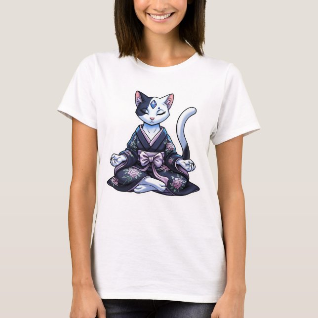 Mystical Meditating Cat in Floral Kimono T-Shirt (Front)