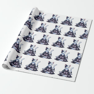 Mystical Meditating Cat in Floral Kimono Wrapping Paper