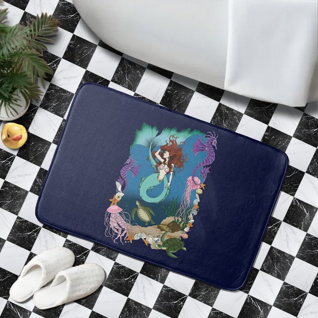 Mystical Mermaid Ocean Fantasy Blue Sea-Life Bath Mat (Creator Uploaded)