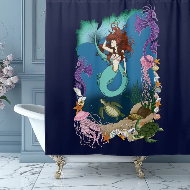 Mystical Mermaid Ocean Fantasy Blue Sea-Life Shower Curtain (Creator Uploaded)