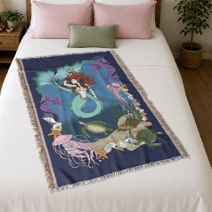 Mystical Mermaid Ocean Fantasy Blue Sea-Life Throw Blanket