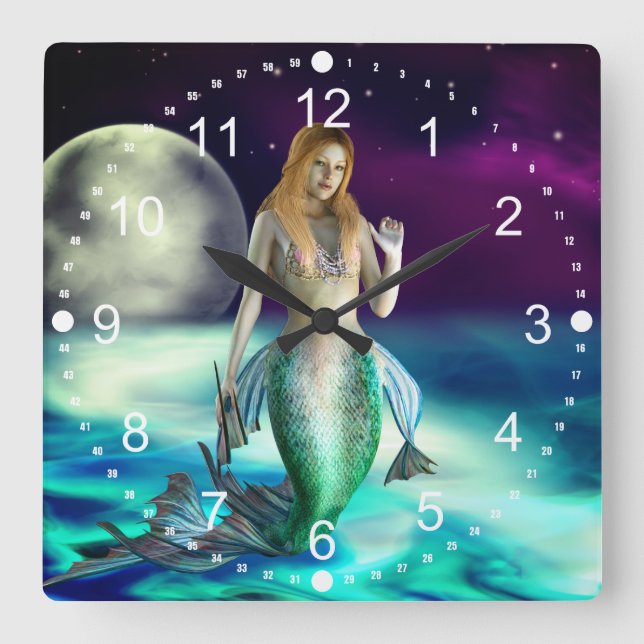 Mystical Mermaid Ocean Waves Moon Beach Fantasy Square Wall Clock (Front)