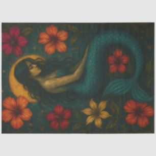 Mystical Mermaid with Hibiscus Flowers Decoupage  Tissue Paper