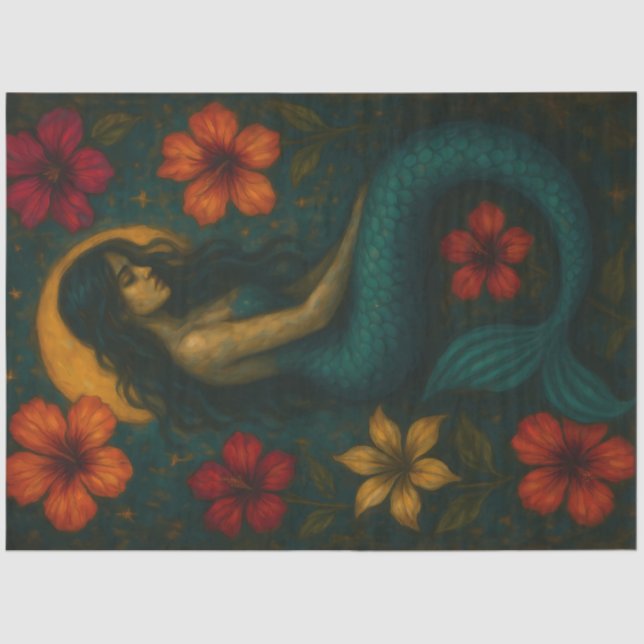 Mystical Mermaid with Hibiscus Flowers Decoupage  Tissue Paper (Front)