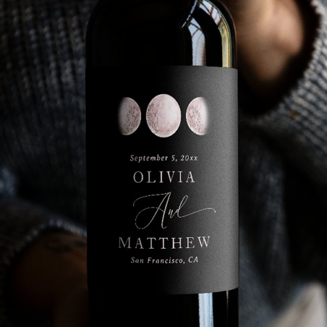 Mystical moon. Elegant delicate black wedding Wine Label (Creator Uploaded)