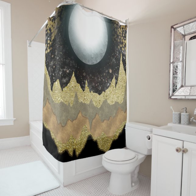 Mystical Moon Gold Mountains Landscape Modern Glam Shower Curtain (In Situ)