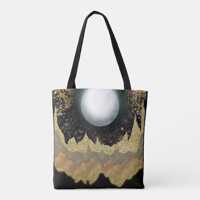 Mystical Moon Gold Mountains Landscape Modern Glam Tote Bag (Back)