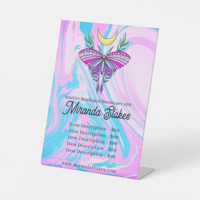 Mystical Moon Moth Pink & Blue Tarot Price List Pedestal Sign (Front)