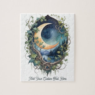 Mystical Moon & Vines Night Sky Custom Text Jigsaw Puzzle