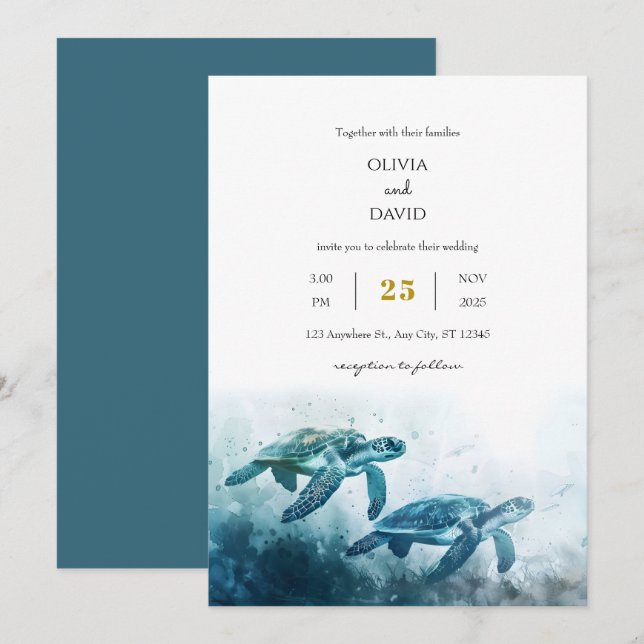 Mystical Moonlight Blue Sea Turtle Love Wedding  Invitation (Front/Back)