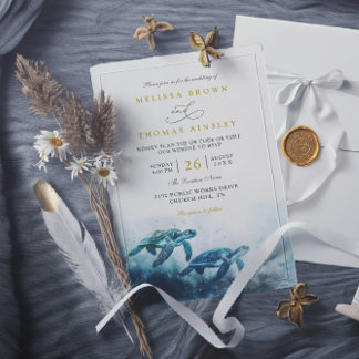 Mystical Moonlight Blue Sea Turtle QR Code Wedding Invitation