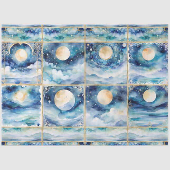 Mystical Moonlight Stars Clouds n Sea Decoupage Tissue Paper (Front)