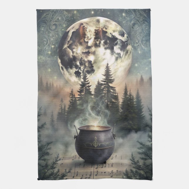 Mystical Moonlit Forest Cauldron -Witchy Magic Art Tea Towel (Vertical)