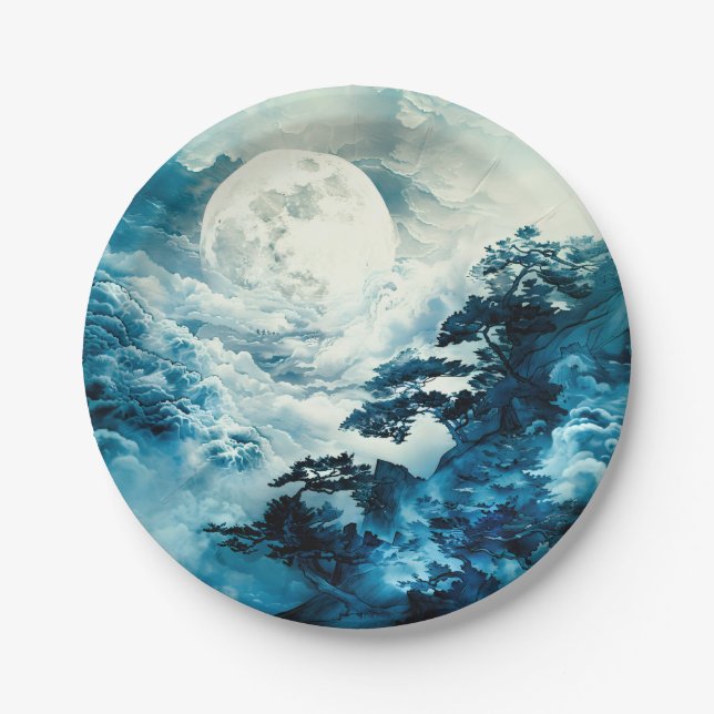 Mystical Moonlit Mountain Landscape Paper Plate (Front)