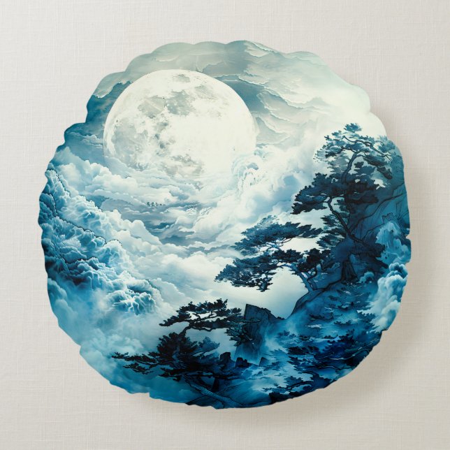 Mystical Moonlit Mountain Landscape Round Cushion (Front)