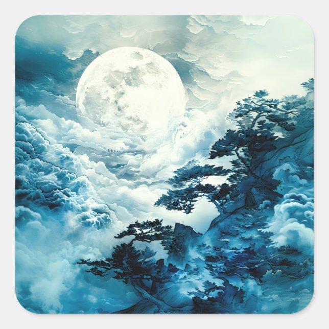 Mystical Moonlit Mountain Landscape Square Sticker (Front)