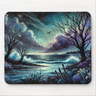 Mystical Moonlit Seascape with Waves and Trees Mouse Mat