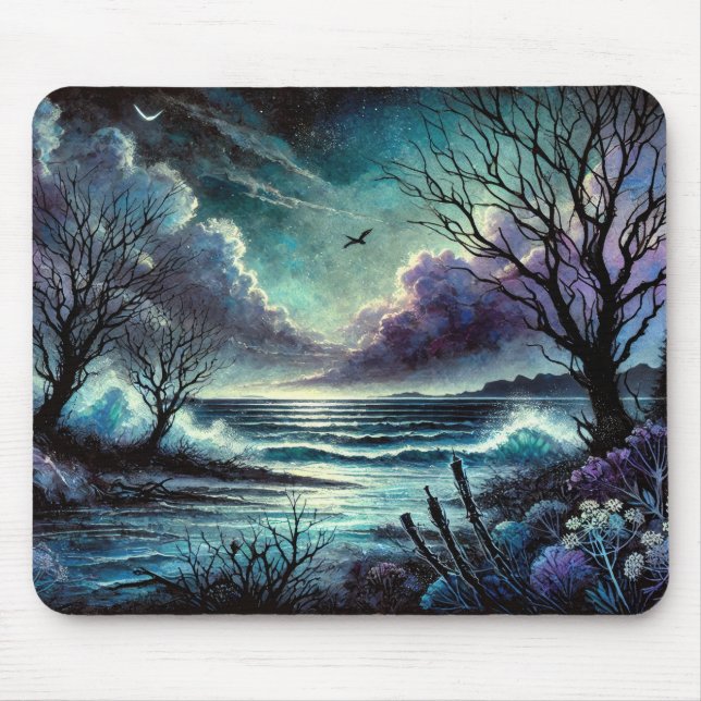 Mystical Moonlit Seascape with Waves and Trees Mouse Mat (Front)