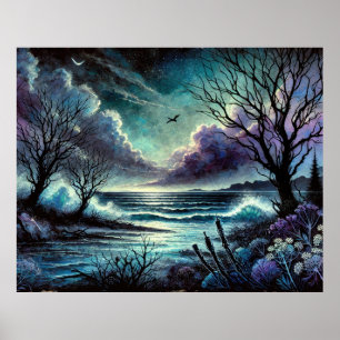 Mystical Moonlit Seascape with Waves and Trees Poster