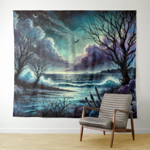Mystical Moonlit Seascape with Waves and Trees Tapestry