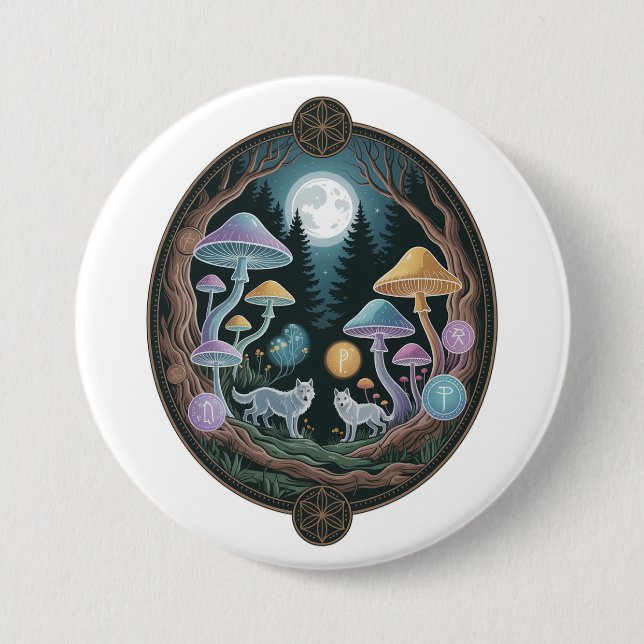 Mystical Moonlit Wolves in Enchanted Mushroom Fore 7.5 Cm Round Badge (Front)