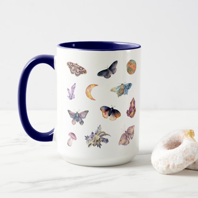 Mystical Moth Crystal Pattern Witch Coffee Mug (With Donut)