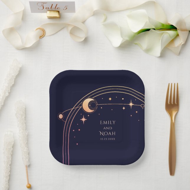 Mystical Navy Blue Sun Moon Astronomy Space Paper Plate (Wedding)