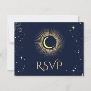 Mystical Navy Celestial Stars Moon Wedding RSVP Card