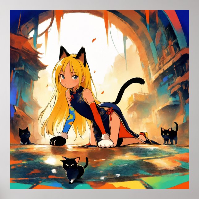 Mystical Neko Girl & Kittens Anime Poster (Front)