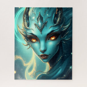 Mystical Neon Abyss Siren with Glowing Amber Eyes Jigsaw Puzzle